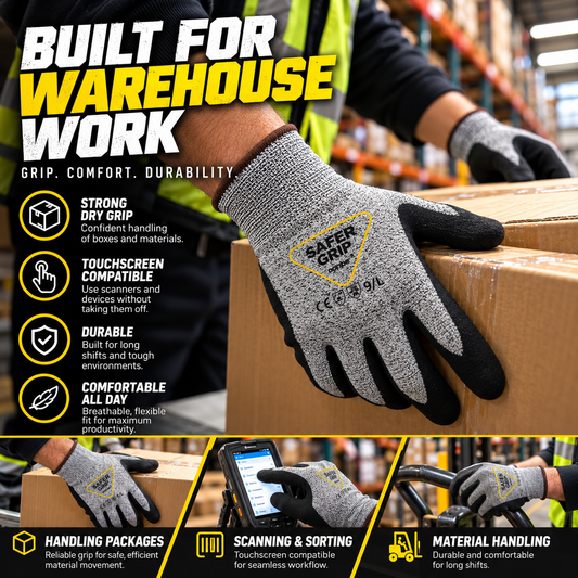 A3 Cut Resistant Warehouse Gloves - Nitrile Coated Gloves with Touchscreen - Safer Grip by OPNBAR™ (2&12 Pack)
