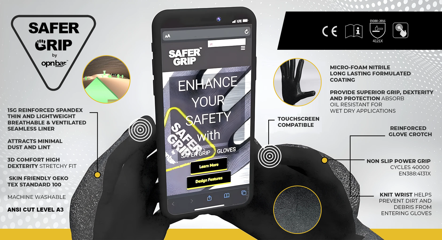A3 Cut Resistant Construction Gloves - Nitrile Coated Gloves with Touchscreen - Safer Grip by OPNBAR™ (2&12 Pack) (Copy)