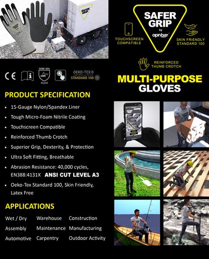A3 Cut Resistant  Mechanic Gloves - Nitrile Coated Gloves with Touchscreen - Safer Grip by OPNBAR™ (2&12 Pack)