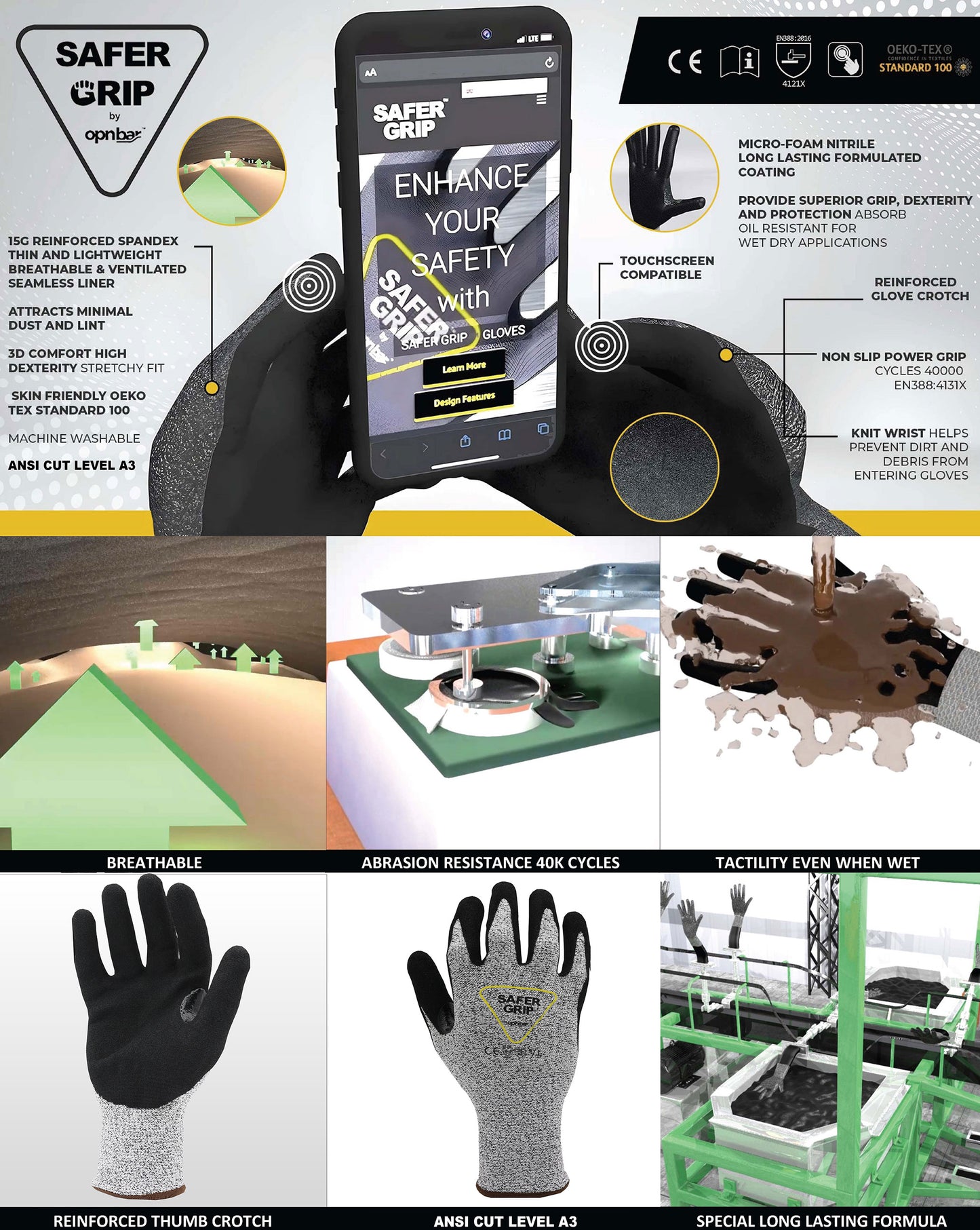 A3 Cut Resistant Fishing Gloves - Nitrile Coated Gloves with Touchscreen - Safer Grip by OPNBAR™ (2&12 Pack)
