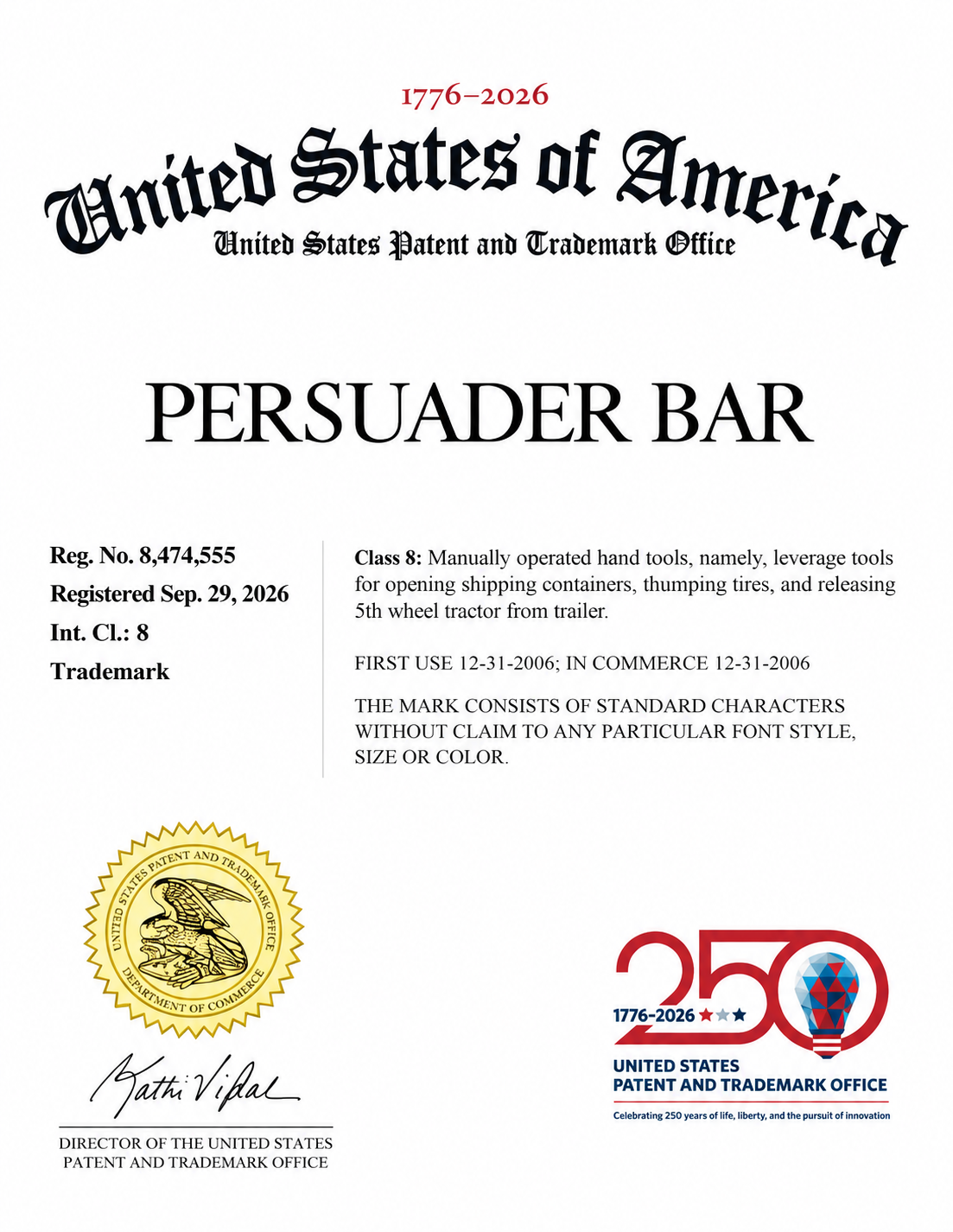USPTO trademark registration for the Persuader Bar