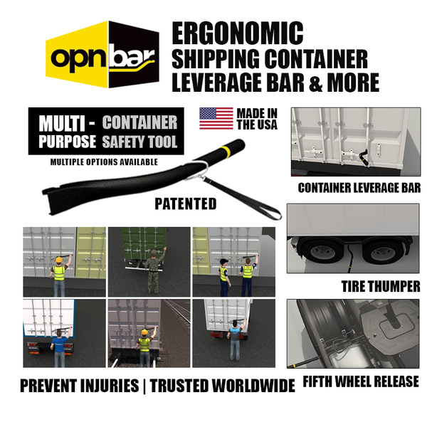 OPNBar multi-purpose container safety tool: leverage bar, tire thumper, 5th wheel release - patented