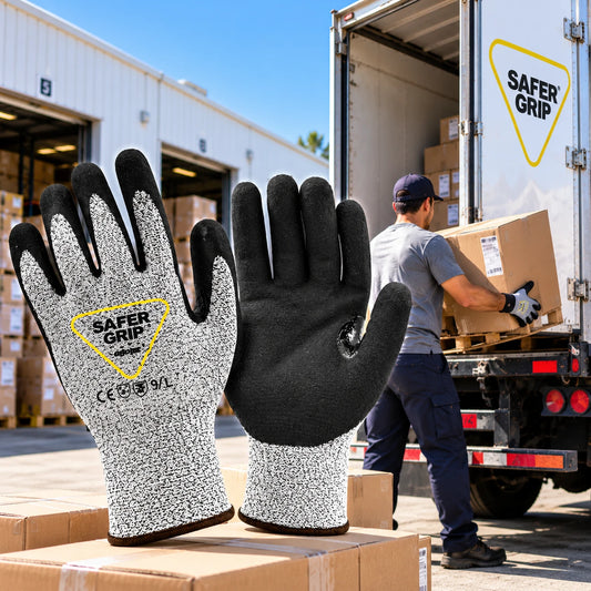 Worker wearing SaferGrip A3 cut resistant gloves unloading a truck