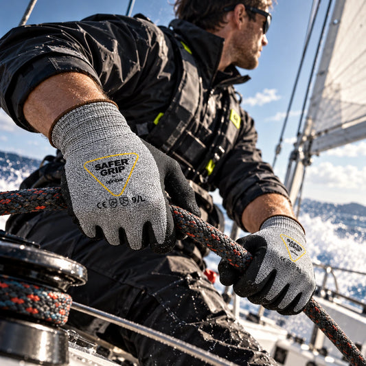 Sailor wearing SaferGrip A3 cut resistant gloves trimming a line on a sailboat