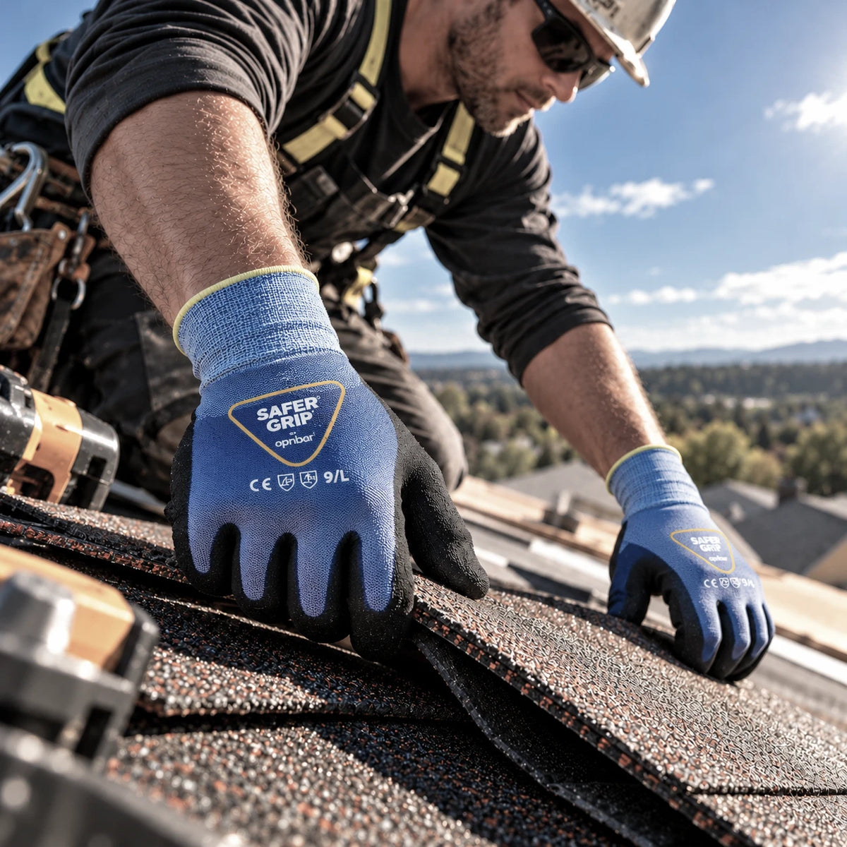 Roofer wearing SaferGrip by OPNBar gloves laying asphalt shingles