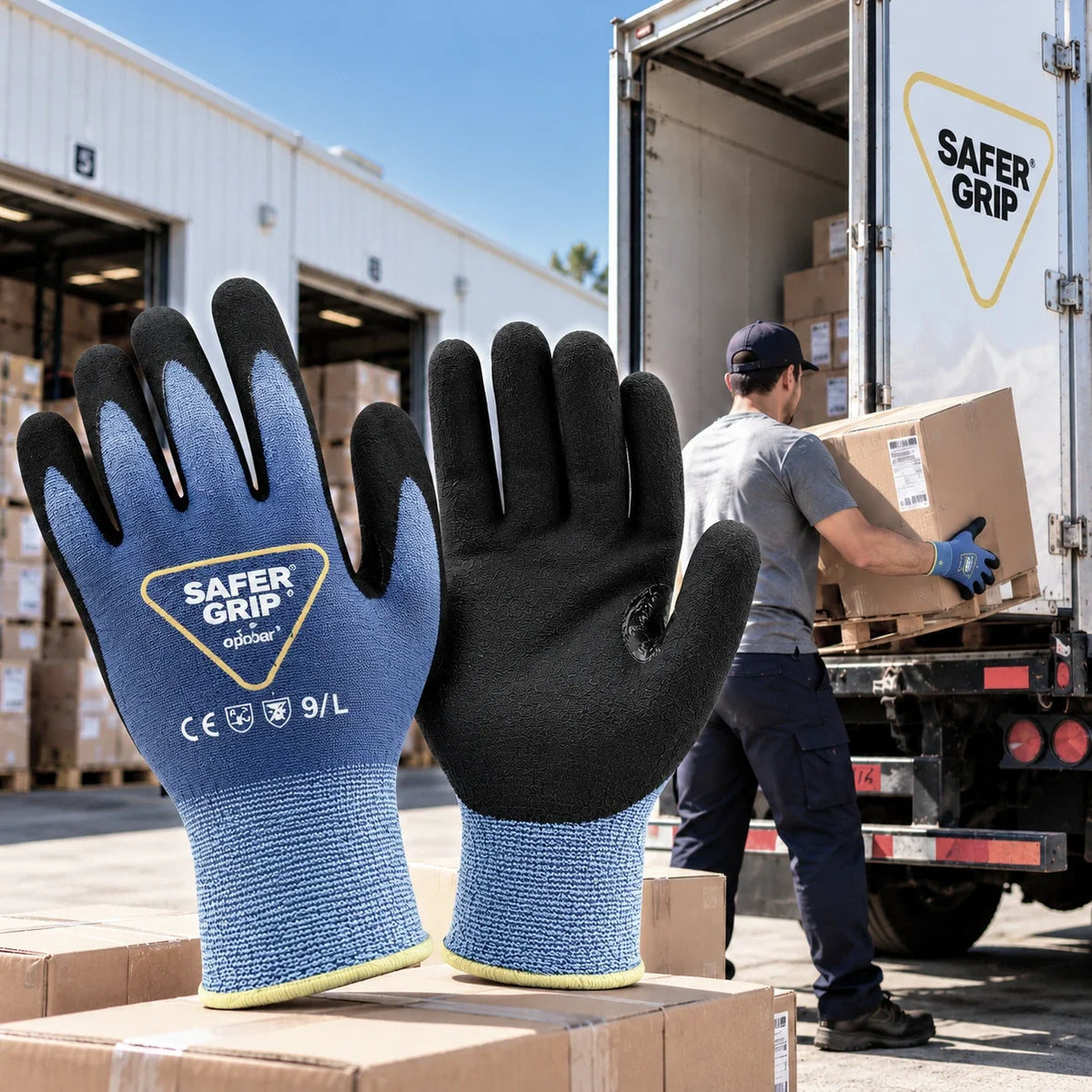 Worker wearing SaferGrip A3 cut resistant gloves unloading a truck