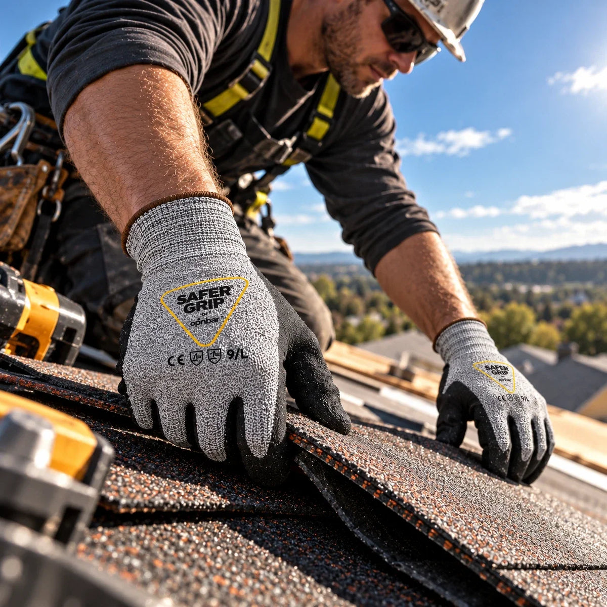 Roofer wearing SaferGrip by OPNBar gloves laying asphalt shingles