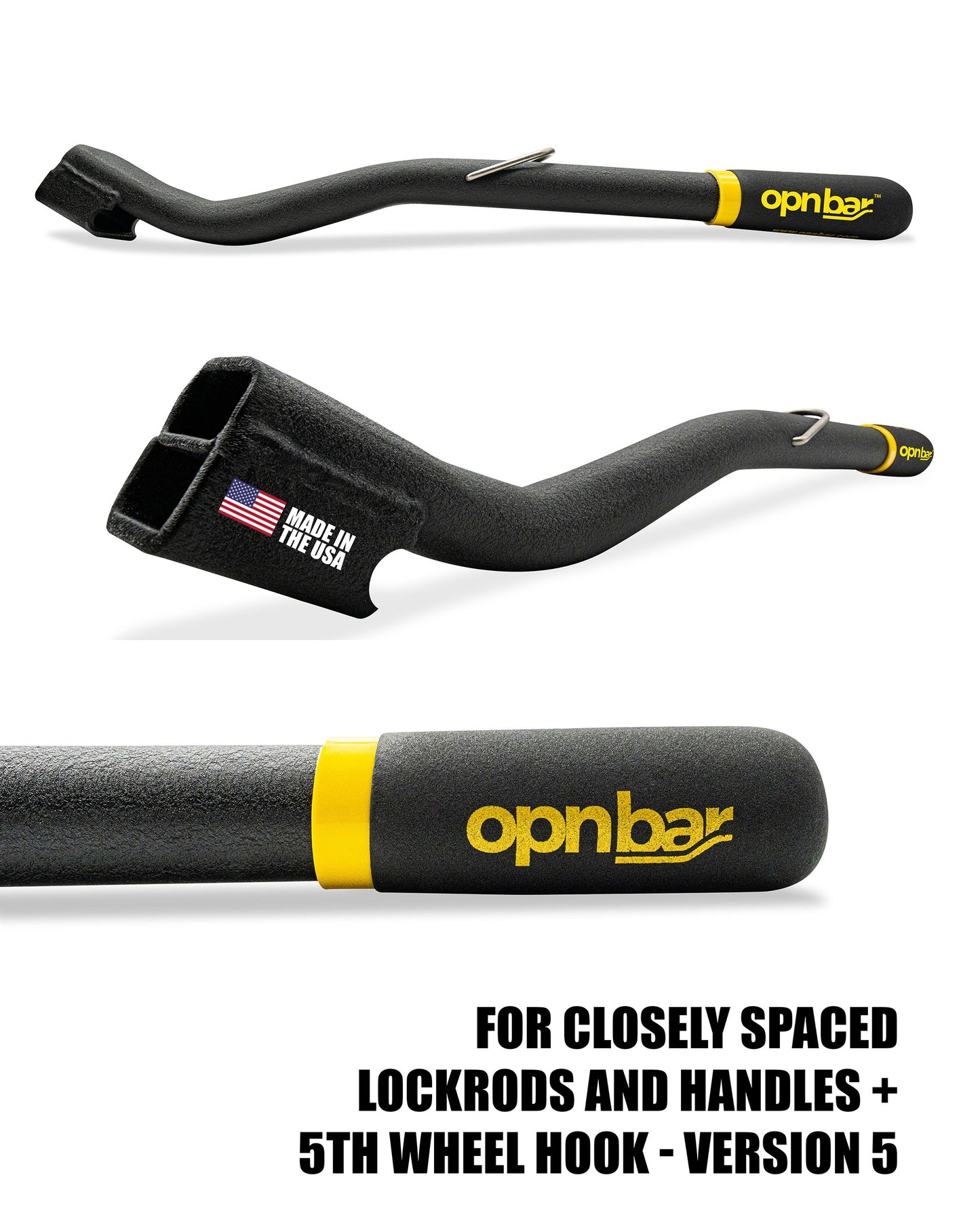 OPNBar Version 5 Large Mouth Leverage Bar – For Containers with Close Spaced Lockrods/Handles - Tight-Clearance Fit, 5th Wheel Hook, Made in USA