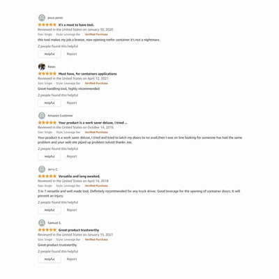 Five-star Amazon reviews of the OPNBar shipping container leverage bar