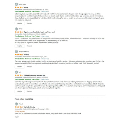 Amazon Vine reviews of the OPNBar container door leverage bar