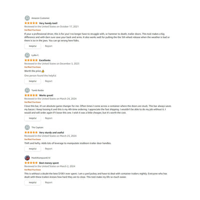 Five-star Amazon customer reviews of OPNBar for trailer and container doors