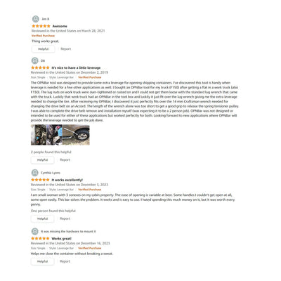 Five-star Amazon reviews of the OPNBar leverage bar, including truck tire use