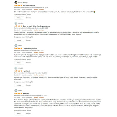 Amazon reviews from truck drivers using OPNBar on trailer doors