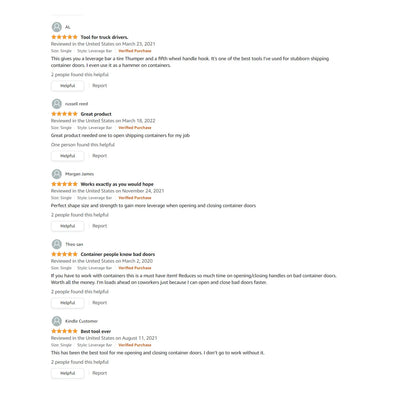 Amazon reviews of OPNBar as a tire thumper, fifth wheel hook and container tool