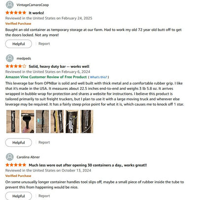 Amazon customer reviews of the OPNBar container leverage bar