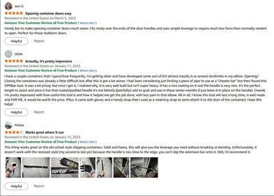 Amazon Vine reviews with customer photos of the OPNBar shipping container door opener