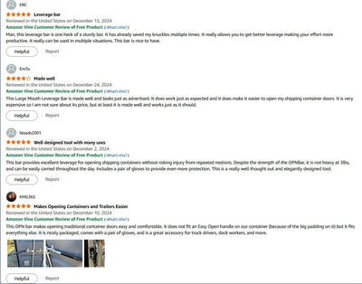Amazon reviews of the OPNBar leverage bar for shipping container doors
