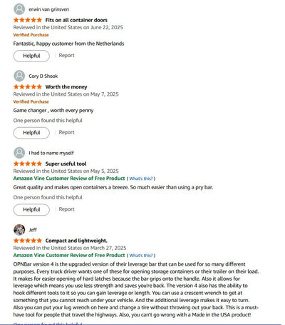 Five-star Amazon customer reviews of the OPNBar leverage bar