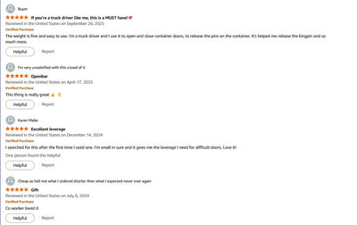 Amazon reviews from truck drivers using OPNBar on container door handles